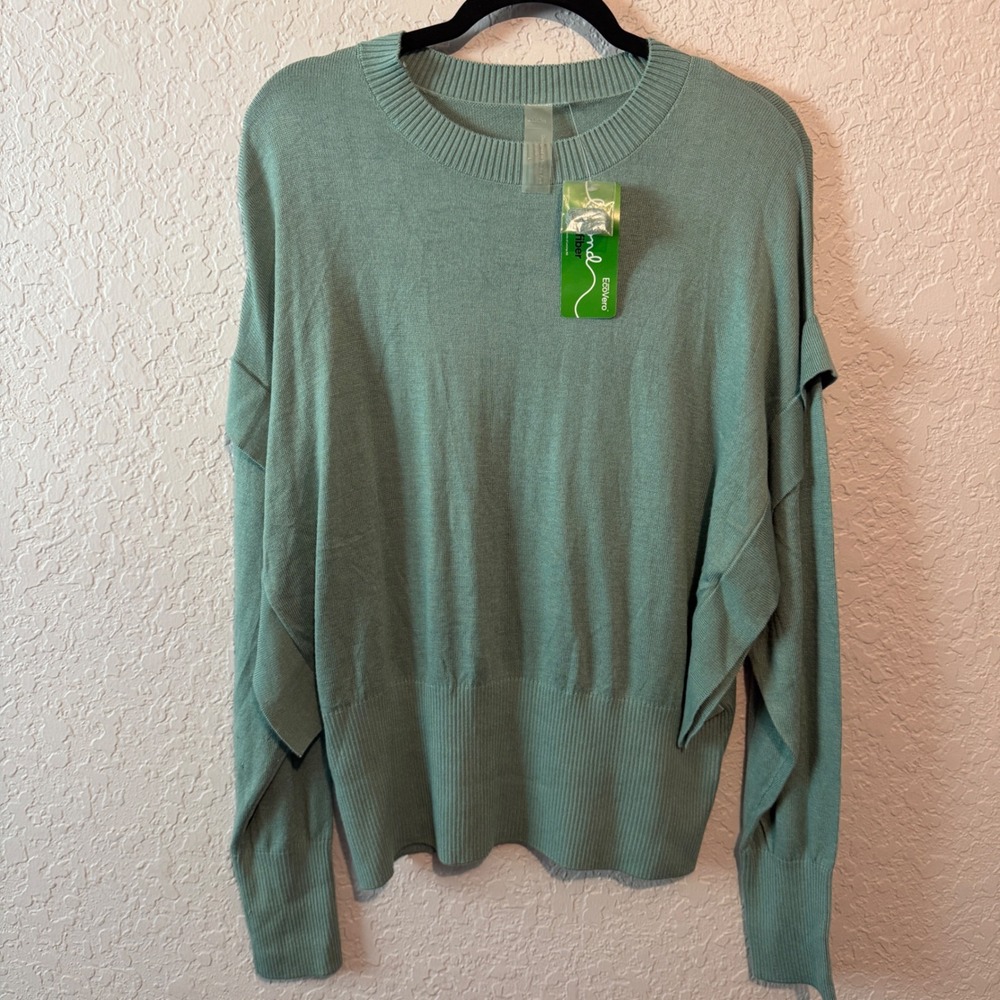 Zuda EcoVero Ruffle Sleeve Knit Sweater Large Sage Green Minimalist Boho